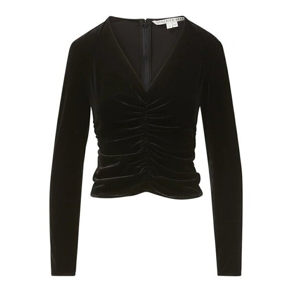 Veronica Beard Pelona Stretch Velvet Top Size 12 Black Ruched V-Neck - Picture 2 of 16